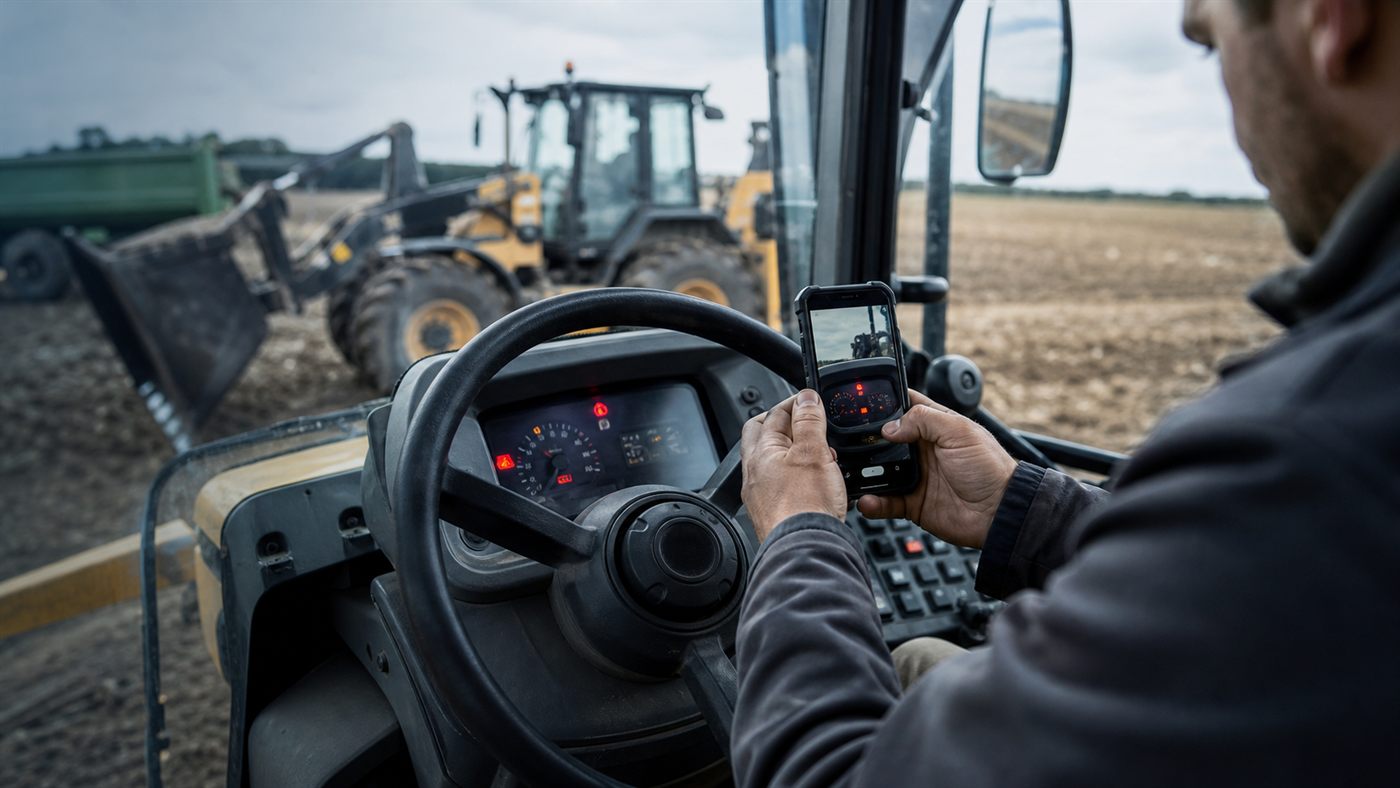 Operator maszyny robi zdjęcie komunikatu na pulpicie